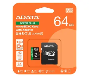 ADATA Speed Plus Micro SDXC karta 64GB + SD adaptér / UHS-I U3 / V30 / A2 / R: 160MB/s / W: 140MB/s