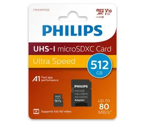 Philips microSDXC 512 GB + adaptér / Micro SD karta / Class 10 / UHS-I U1 / čtení: 80 MB/s / zápis: 30 MB/s