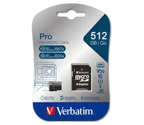 Verbatim MicroSDXC Pro 512 GB + Adaptér / Paměťová karta / UHS-I (U3) / V30 / R: 100 MB/s / W: 90 MB/s