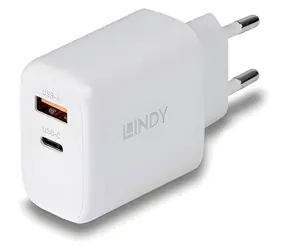 Lindy GaN nabíječka 65W bílá / Síťová nabíječka / 1x USB-C / 1x USB-A / PD 3.0 / PPS