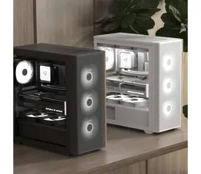 Aerocool D501A-G-WT-v2 bílá, dřevo / Skříň / Midi Tower / ATX / Mesh / ARGB / bez zdroje
