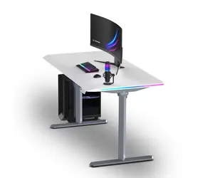 ULTRADESK QUEST šedá-bílá / Herní stůl / 140 × 70 cm / elektricky nastavitelná výška 72–120 cm / LED RGB