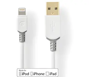 Nedis Lightning kabel 2m bílá/šedá / Datový kabel / USB-A 2.0 (M) - Lightning 8-pin (M) / 480 Mbps / Pozlacené konektory