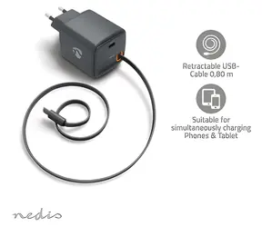 Nedis GaN 65W černá / Síťová nabíječka / USB-C PD 3.0 / zatahovací kabel 0,75 m