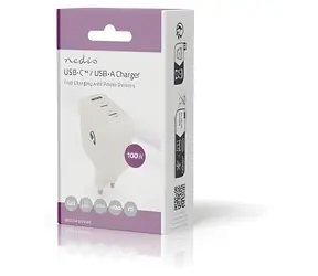 Nedis GaN 100W bílá / Síťová nabíječka / 2x USB-C PD3.0 / 1x USB-A QC3.0