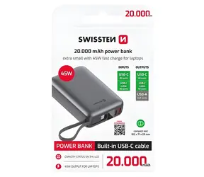 Swissten Space 20000 mAh stříbrná / Power Bank / 45W / integrovaný USB-C kabel