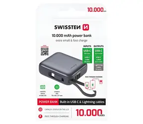 SWISSTEN SPACE 10000mAh stříbrná / Powerbanka s integrovanými kabely / USB-C + Lightning