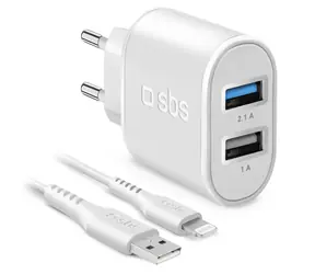 SBS Ultra Fast Charge bílá / Cestovní nabíjecí sada / 2x USB-A / Lightning MFI kabel