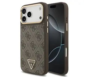 Guess PU Leather 4G Strass Triangle Logo Gold Frame Brown / Zadní kryt / MagSafe / iPhone 17 Pro Max