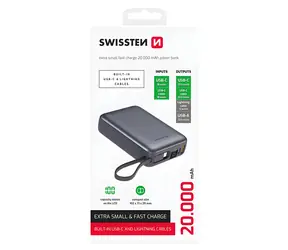 SWISSTEN Space 20000mAh stříbrná / Powerbanka s integrovanými kabely / USB-C + Lightning