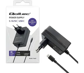Qoltec Super Fast PD černá / Nabíječka pro Raspberry Pi 5 / USB-C / 27 W / 5-12V / 1.8-5A