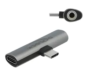 Delock USB-C audio adaptér šedá / Redukce / USB-C + Jack 3,5 mm > USB-C nabíjení / PD 3.0 20V/3A (60W)