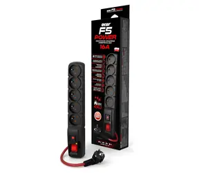 Acar F5 5m černá / Prodlužovací přívod / přepěťová ochrana / 5 zásuvek / 16A / 2300 W