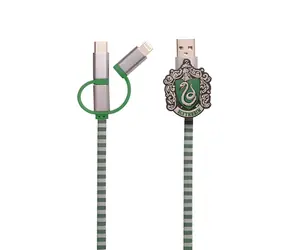 ThumbsUp! Slytherin zelená, šedá / Nabíjecí kabel / 3v1 / USB-A, Micro-USB, Lightning, USB-C / 1 m
