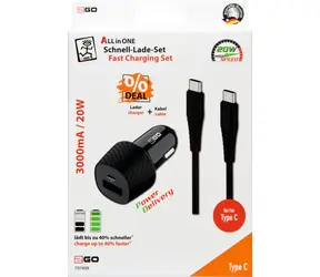 2GO 20W černá / Nabíječka do auta / 1x USB-A / 1x USB-C / kabel USB-C 100 cm / Fast Charge, PD