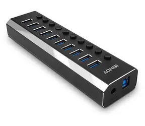 Lindy 10 Port USB 3.0 Hub černá / Rozbočovač / vypínače portů / napájecí adaptér 12V/3A