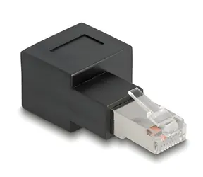 DeLock / Adaptér RJ45 zástrčka-zásuvka 90° / Cat.6A / pozlacené kontakty / černá