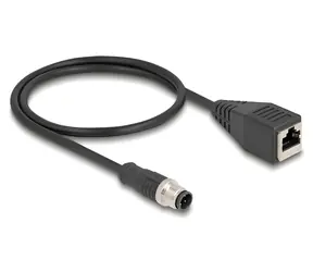 DeLock M12 4pin D-kód (M) - RJ45 (M) / Průmyslový síťový kabel / 0,5 m / -25 až 80 °C