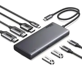 Ugreen CM639 šedá / USB hub / 2x HDMI / DisplayPort / 2x USB 3.2 / 2x USB-C / PD / 4K 60Hz