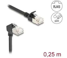 DeLock RJ45 / Patch kabel / Cat.6a S/FTP / 0,25 m / přímý - úhlový 90° / černá