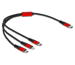 DeLock USB-C černá, červená / Napájecí kabel 3v1 / USB-C na Micro-USB, USB-C, Lightning / 0,3 m