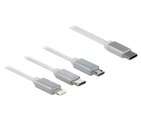 Delock 3v1 bílá / Nabíjecí kabel / USB-C - Lightning/Micro USB / Smotávací / 0,98 m