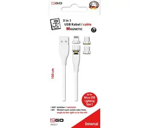 2GO bílá / Nabíjecí kabel 3v1 / USB-A na USB-C, Micro-USB, Lightning / magnetický konektor / 1 m