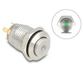 Delock 12 mm zelená LED / Tlačítko / 4x pájecí kontakt / 230 V, 3 A / IP65