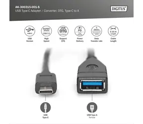 Digitus USB-C na USB-A kabel černý / Datový kabel / USB 3.0 / 1 m / 3 A / 5 Gbps