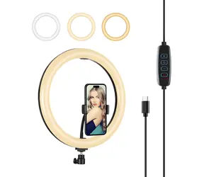 Puluz LED Ring Light / Kruhové světlo s držákem telefonu / 3 barvy světla / USB-C / 2m kabel