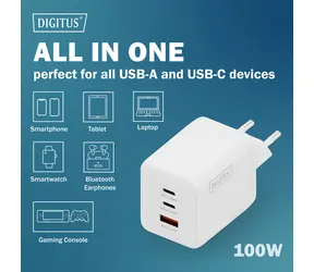 Digitus GaN 100W / Síťová nabíječka / 2x USB-C / 1x USB-A