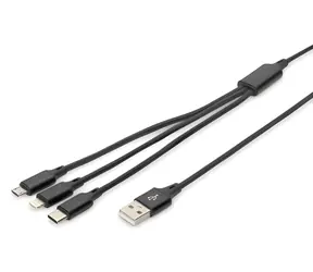 Digitus USB-A 3v1 černá / Nabíjecí kabel / Lightning, microUSB, USB-C / 1 m / bavlněný oplet