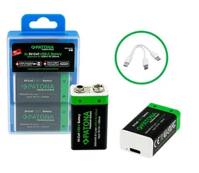 Patona 9V / Nabíjecí baterie / 6F22/LR22 / Li-ion 400 mAh / USB-C nabíjení / 2 ks
