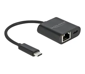 DeLock USB-C adaptér Gigabit LAN černá / Adaptér / 10/100/1000 Mbps / USB PD 60W