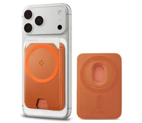 Spigen Valentinus MagFit+ metalická oranžová / Držák na karty / MagSafe / 3 karty / PU kůže