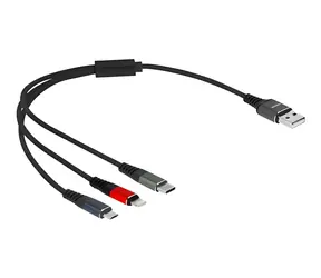 DeLock USB-A 3v1 Lightning, Micro-USB a USB-C vícebarevný / Nabíjecí kabel / 0,3 m / 3 A / textilní opletení
