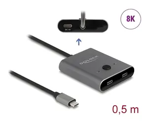 Delock USB-C Switch 2:1 šedá / Přepínač / bidirekcionální / 10 Gbps / 8K 144Hz / PD 100W