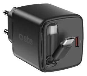 SBS 65W PD / Cestovní adaptér / USB-C / vestavěný kabel / černá