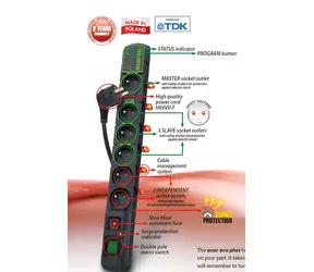 Acar ECO 6x220V černá / Rozvodný panel / 6 zásuvek / Přepěťová ochrana / Vypínač / Kabel 1 m