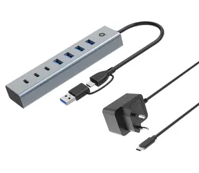 Conceptronic USB hub 7 portů šedá / USB hub / 4x USB-A 3.0 + 3x USB-C / 5 Gbit/s / napájecí adaptér