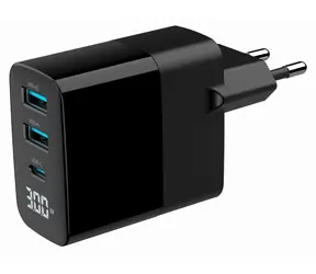 Gembird TA-UC-PDQC30LCD-BK-02 černá / Síťová nabíječka / 30 W / LCD displej / GaN / PD & QC