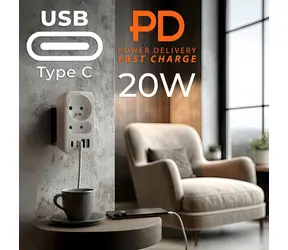 Maclean MCE249 bílá / Rozbočovač zásuvky s USB / 2x zásuvka / 2x USB-A / 2x USB-C PD 20W