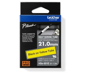 Brother HSE-651E žlutá / Smrštitelná bužírka / černý tisk / šířka 21 mm / 1,5 m / smrštitelnost 3:1
