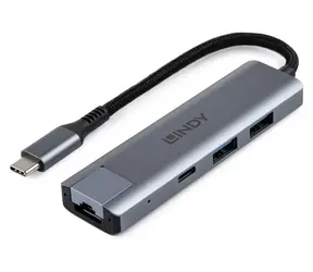 Lindy USB-C hub s LAN šedá / Rozbočovač / USB 3.2 Gen 2 / 2x USB-A / RJ45