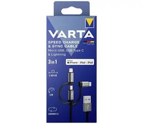 Varta Nabíjecí kabel 3v1 černá / Nabíjecí kabel / USB-A na USB-C, Micro-USB, Lightning / 2 m
