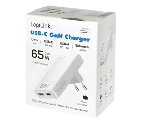 LogiLink bílá / Nabíjecí adaptér / 1x USB-A / 1x USB-C / GaN / 65W