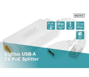 Digitus DN-95208 bílý / PoE splitter / IEEE 802.3af/at / USB-A výstup 5V/2,5A / IP40
