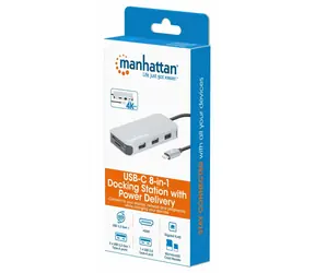 Manhattan USB-C 8v1 dokovací stanice stříbrná / Dokovací stanice / HDMI 4K / RJ45 / 3x USB-A / PD 100W