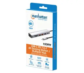 Manhattan Dokovací stanice 7-in-1 stříbrná / Dokovací stanice / USB-C / HDMI 4K 60Hz / USB-A 3.2 Gen2 / PD 100W