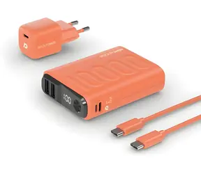 RealPower PB-10000 Set oranžová / Powerbanka 10000 mAh / LED displej / USB-C PD / 22,5W / vč. nabíječky a kabelu